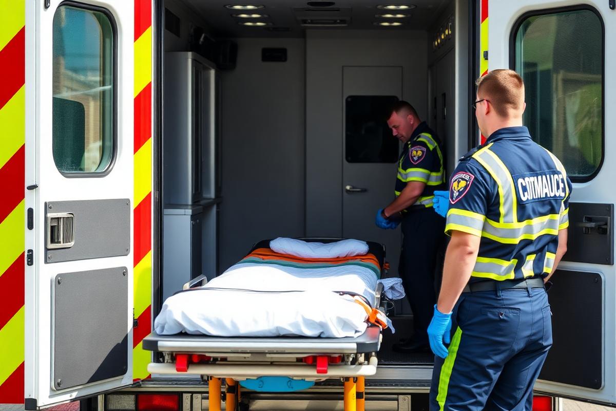 Paramedic team loading a stretcher